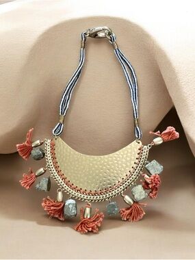 Gold Hammered Crescent Necklace with Coral Tassels